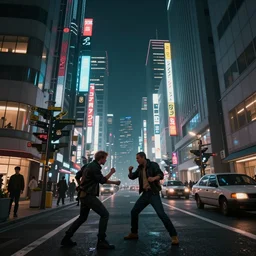 cyberpunk city street wide angle view, tokyo, volumetric lighting, fight happening, trending artstation, unreal engine 5, matte painting, atmospheric perspective, huge depth of field, by syd mead, dreadjim, fengzhu