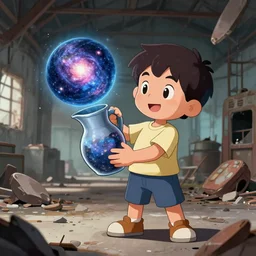 a cartoon of a boy holding a jug containing the universe inside an abandoned factory. destruction. future. high quality. high fidelity. unsplash. devianart. 4 k.
