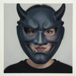detailed 6 0 0 mm realistic photography of asian girl with big eye, with black tshirt wear demon mask focuses on the nuances of the human face and subtle shifts in tonal value, silhouette composition, neutral, cool - toned palette, fluid patterns, powerful composition, opaque paints, grid method.