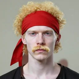 photo portrait of an albino african pirate with a red headband, young adult, thin blonde mustache, afro blonde hair, stern face, rugged and dirty with a capuchin monkey wearing a black vest on his shoulder, cinematic lighting at sundawn, movie color grading