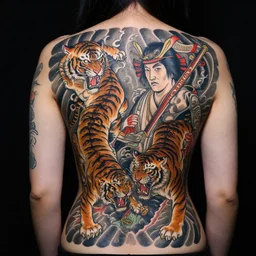 the back of a japanese woman with irezumi tattoos with intricate designs with tigers and christopher walken as a samurai, amazing detail, sharp, dynamic lighting