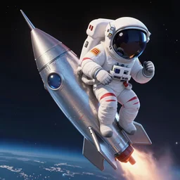 astronaut riding forged aluminim rocket into space, cinematic close up lighting, 3d animated feature film, disney, pixar, illumination entertainment, blue sky