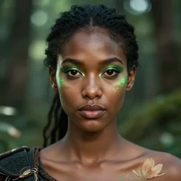beautiful portrait, ( ( head shot ) ), brown skin, sharp focus, ffxiv, neo classic, bloom, movie still, dogi, sony, symmetrical, makeup, sephora, loreal, green highlights, lens, face paint, flare, studio light, octane render, maybelline, model, forest, traditional, vsco, bokeh, 8 k