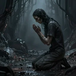 a portrait of a mysterious being kneeling asking for forgiveness, enclosed dark damp liminal post apocalyptic space, artstation, concept art, illustration, intricate details, surrealism, by rutkowski and beksinski and russ mills