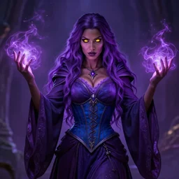 Female necromancer, beautiful, enticing, dark purple robes, blue corset, long skirt, dark skin, glowing yellow eyes, violet long hair, high fantasy, heroic character, looking from shoulder, magic energy on hands, detailed face!, detailed!, spellcasting pose, by greg rutkowski, WLOP, Genzoman and Gary Gygax, trending on Artstation artstationHD, artstationHQ, cgsociety, 8K HD