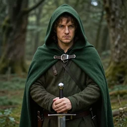 a portrait of a hobbit rogue wearing a dark green hood and a cloak in the forest, wearing adventure gear, holding a sword, ultra realistic, detailed, masterpiece, short brown hair, clean shaven, by Tony Sart and Randy Vargas, trending on ArtStation
