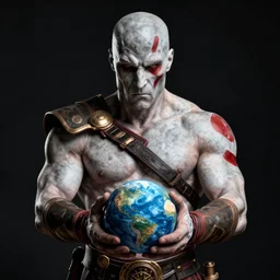 Kratos holding a mini planet in his hands by greg rutkowski