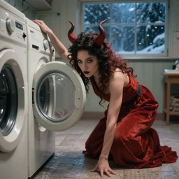 woman demon crawling out of a washing machine in a laundry room, cinematic lighting, inspired by Evgeny Lushpin,George, greg rutkowski winter,nighttime,cinematic,art station