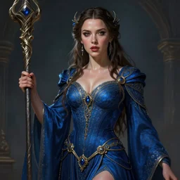 millie bobby brown as a sorceress, passionate, seductive, sweaty, intricate dressed in ornate blue robes and staff, lovely, intricate, highly detailed, digital painting, artstation, concept art, smooth, sharp focus, illustration, unreal engine 5, 8 k, art by artgerm and greg rutkowski and alphonse mucha
