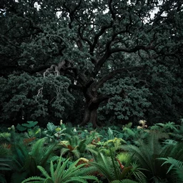A landscape shot of a mystical dark forest. A giant oak tree is in the middle of the forest. The forest has a lot of vibrant plants, art by Philipp A. Urlich