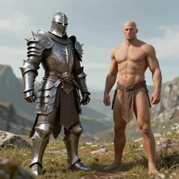 A fantasy battle between two warriors among the hills. The first warrior is dressed in detailed elaborate spiked armor. The second warrior is dressed in sparse berserk armor without a helmet. A yellow sky is visible. Puddles and splashes of blood, severed limbs, anger on faces. Extremely high detail, realistic, medieval fantasy art, masterpiece, art by Zdzisław Beksiński, Boris Vallejo, Arthur Rackham