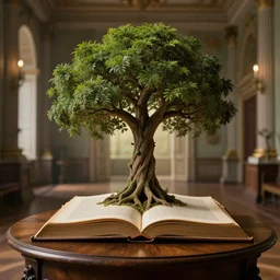 tree of life growing out of a book, on a wooden table, inside a palace, rim light, extremely detailed, masterpiece, artstation, cinematic lighting, photographic, by greg rutkowski and alphonse mucha, wolp, midsommar