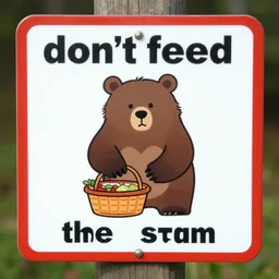 a sign that says don't feed the bears with a picture of a cartoon bear eating a picnic basket