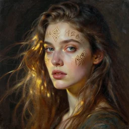 Runic imagination of the beautiful face young mortal woman, dynamic lighting, cinematic, establishing shot, extremely high detail, shining, photo realistic, cinematic lighting, intricate line drawings, 8k resolution, oil painting on canvas