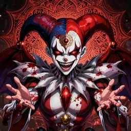 4 k headshot of godlike jester with defined arms and open hands and bloody clothes with giant mandala wings, intricate face, flawless anime cel animation by kentaro miura, psychedelic, highly detailed upper body, professionally post - processed, beautiful, scary, symmetry accurate features, epic, octane rendered, anime masterpiece, accurate