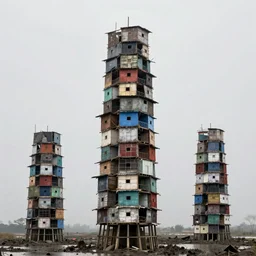 towers made up of stacked makeshift squatter shacks with faded colours suspended over a quagmire, plain uniform sky at the back, misty, mamiya, ultra sharp, very detailed, photographed by alejandro jodorowsky