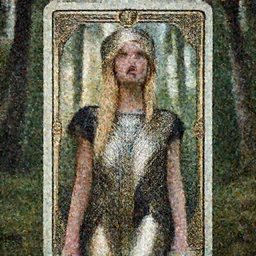 innovative avant - garde art, deco fashion, beautiful blonde girl, highly detailed, photorealistic portrait, serene forest setting, crisp quality and light reflections, octane render, tarot card with ornate border frame, confident, moody, dramatic