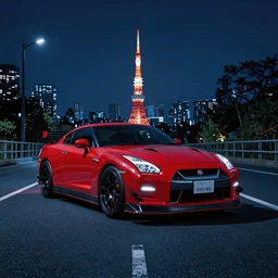 NISSAN GT-R with blood vinyil in the middle of a road on the night Tokyo, blue color grading, cinematic color grading , unreal 5, hyperrealistic, realistic, photorealistic, dynamic lighting, highly detailed, cinematic landscape, studio landscape, studio lighting