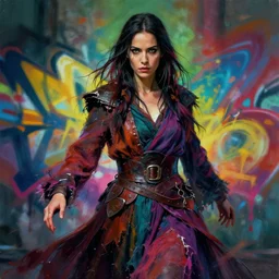 female sorceress in tattered robes of cloth and leather, vibrant colors, mid body portrait, action shot, moody, spray can graffiti style, imprecise brushwork, bright and moody, artstation, movie poster
