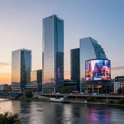 futuristic city of liege, belgium with meuse river, glass buildings, sunset, screen billboards, hyperdetailed, artstation, cgsociety, 8 k