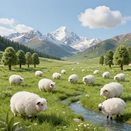 a meadow made of wool, wool mountains in the background, wool trees, wool river, wool cloud, an award winning artwork, realistic, beautiful, high quality, professional, raytracing effects