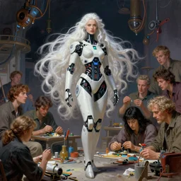 pulp scifi fantasy illustration full body android girl, very long white hair, futuristic design, crafting, diy, by norman rockwell, roberto ferri, daniel gerhartz, edd cartier, jack kirby, howard brown, ruan jia, tom lovell, jacob collins, dean cornwell, astounding stories, amazing, fantasy, other worlds