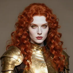 full portrait of beautiful lady knight, golden armor, face details, gorgeous curly red hair, white skin, lipstick, golden eyes, high fantasy, extremely detailed, sharp focus, smooth, by ironstylus, zeronis, artgerm