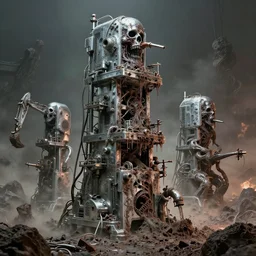airbrush, medical video, of 1 1 horrifying chromed machines in tiers, all mainframe and medical, filthy, putrid chrome dip, insane speed of excavating planet grave, by wayne d barlowe, boris vallejo, geof darrow, stefano tamburini, torch light, muted colors, epic, hyper detailed, awe inspiring, award winning horror, hyper realism,