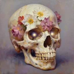 Skull made out of flowers with glowing emissive eyes oil painting beautfiul artstation portfolio trending