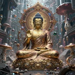 a epic sakyamuni, the founder of buddhism in cyberpunk style temple, struggling in a ruined city full of organic fractal mycelum and fung, super complex and instruct, epic stunning atmosphere, hi - tech synthetic rna bioweapon nanotech, art by anthony macbain + greg rutkowski + alphonse mucha, concept art, 4 k, sharp focus