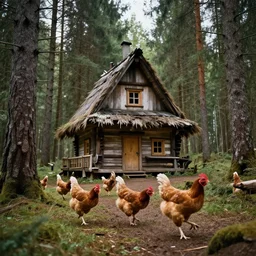 baba yaga’s house with chicken legs, running through the Black Forest, 8K, 20mm photo, Leica lens