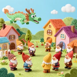 cute vibrant felt town with happy gnome villagers with a felt dragon attacking