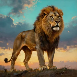 muscular lion hunter, full body backlight with human legs , very textured detailed oil painting by rembrandt, sunset, dramatic clouds and cyan atmosphere