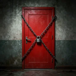 boarded up padlocked red door, in a basement, chains across door, forbidden creepy mood, game art matte painting hyperdetailed, artstation, cgsociety, 8 k, surreal dream landscape
