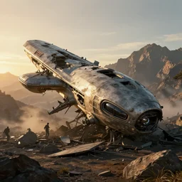 wrecked alien spaceship crashed in the mountains, sci-fi Hollywood concept art, golden hour