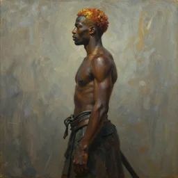 a full body profile oil painting of an African samurai with reddish golden hair, by Alphonse Mucha and Jacob Lawrence and with face and body clearly visible, forgotten realms, high quality, sombre mood, muted colours, no crop, entire character.