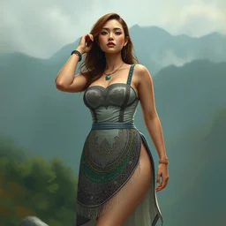 a beautiful plus sized model japanese natalie portman, alluring plus sized model, wearing mayan leotard with elegant mayan apron loin cloth skirt, modern street wear street fashion with mayan patterns, aztec street fashion, gapmoe yandere grimdark, trending on pixiv fanbox, painted by greg rutkowski makoto shinkai takashi takeuchi studio ghibli, akihiko yoshida