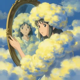 maximalist old ukrainian woman!!!! looking at a mirror, fully covered in yellow and blue clouds!!!, disarming, enchanting, fragile, hopeful, cloudcore, portrait, gapmoe yandere grimdark, trending on pixiv fanbox, painted by makoto shinkai takashi takeuchi studio ghibli, akihiko yoshida