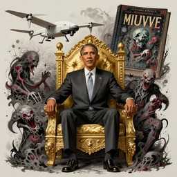 grotesque intricate detailed concept art portrait of Barack Obama king sitting on his golden throne, white MQ-1 Predator Drone flying overhead, zombification lovecraftian D&D book cover