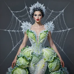 an insanely intricate oilpainting portrait of a beautifull woman in spiderweb with ice crystals, dress made of cabbages, glamour shot, by karol bak, stefan gesell, photorealistic, nikon d 4 x, fashion photography, hyper maximalist, elegant, ornate, luxury, elite, environmental portrait, symmetrical features, octane render, unreal engine, solid dark grey background, dramatic lights