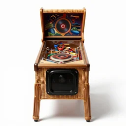 wicker pinball machine, photorealistic, isolated on a pure white background, centered, entire object in frame, sharp focus, soft studio lighting
