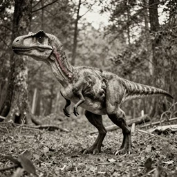 hyper realistic vintage photograph of a real feathered velociraptor in a forest, ultra detailed, grain, old, monochrome, sepia toned, realistic lighting, wide angle