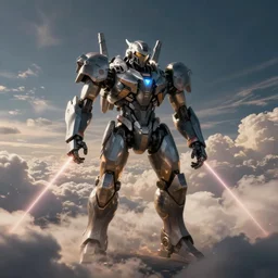 armored core v, long - shot, full body, sky, cloud, laser beam, dramatic lighting, cinematic establishing shot, extremely high detail, photorealistic, cinematic lighting, octane render, digital painting, trending on artstation,