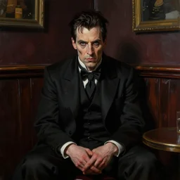 matte painting character illustration of john constantine sitting down in a shadowed corner of the room at a dive bar in london, digital painting, illustration, constantine, john singer sargent, gothic, amazing values, 8 k, symmetrical face details, photorealistic eyes, moody lighting, art by j. c. leyendecker