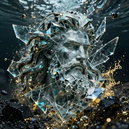shattered glass stylized portrait of poseidon, cracked obsidian geometric fantasy art, splattering black gold iridescent bubbly underwater scenery, greg rutkowski, loish, rhads, makoto shinkai, lois van baarle, ilya kuvshinov