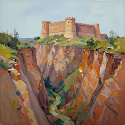 a ravine with a fortress. in a conceptual art style. using acrylic paint.