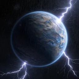 Stormy planet, lightning, rain, view from space, digital art, digital painting, illustration, 4k