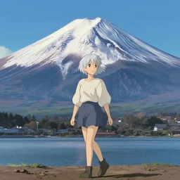 a beautiful silver hair young woman walking up Mount Fuji in the style of studio ghibli