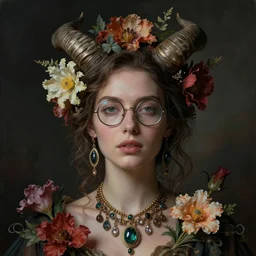 of a woman, surreal Portrait inspired by Natalie Shau, Anna dittmann flowers with horns, jewellery,round glasses,cinematic
