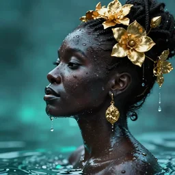 hyperrealistic precisionist cinematic profile very expressive! black oshun goddess, in water! up to shoulders, mirror dripping droplet!, gold flowers, highly detailed face, digital art masterpiece, smooth eric zener cam de leon, dramatic pearlescent turquoise light on one side, extreme long shot low angle uhd 8 k, tilt shift
